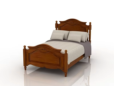 Wooden Single Bed with Carved Headboard Footboard Light Colored Sheets Pillows and Gray Bed Runner 3d model