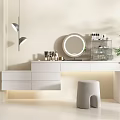 Modern White Dressing Table Interior With Round Mirror Drawers Stool And Cosmetics 3d model