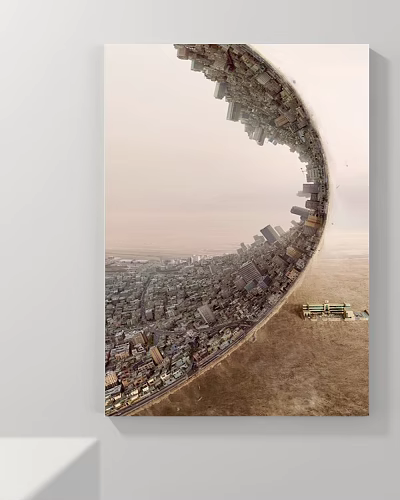 Abstract Painting Featuring Curved Urban Landscape with Buildings Desert and Sky 3d model