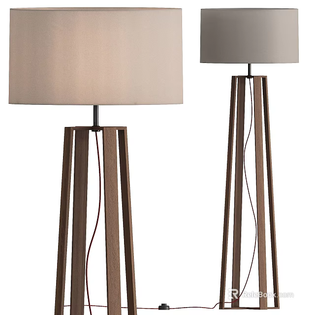 Two Contemporary Floor Lamps With Wooden Tripod Structures And Lampshades 3d model 