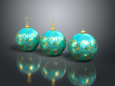 Three Turquoise Christmas Ornaments With Gold Leaf Patterns And Shiny Reflections 3d model