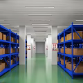 Warehouse Interior With Blue Racks Cardboard Boxes Green Floor White Columns and Lights