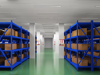 Warehouse Interior With Blue Racks Cardboard Boxes Green Floor White Columns and Lights 3d model