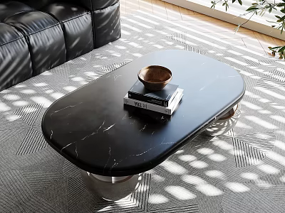 Modern Black Marble Oval Coffee Table With Wooden Bowl And Books On Patterned Rug 3d model