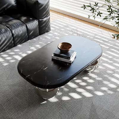 Modern Black Marble Oval Coffee Table With Wooden Bowl And Books On Patterned Rug 3d model