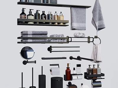 Modern Bathroom Accessories With Towel Racks Soap Bottles Toilet Brushes And Mirrors 3d model