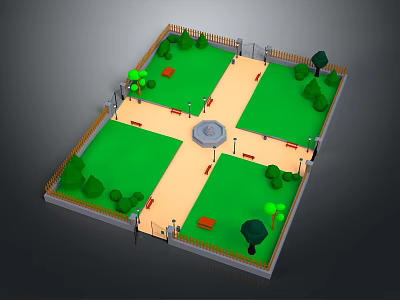Cartoon Park Scene With Square Layout Central Fountain Green Lawns Trees And Benches 3d model