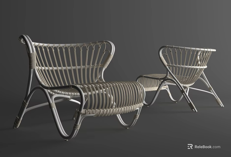 Pair of Modern Rattan Lounge Chairs With Metal Frame And Curved Backrest Design 3d model 