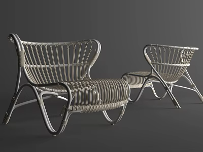 Pair of Modern Rattan Lounge Chairs With Metal Frame And Curved Backrest Design 3d model