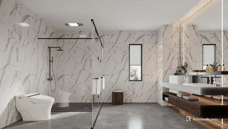 Modern Bathroom Interior With Marble Walls Glass Shower Smart Toilet And Wooden Countertop 3d model 