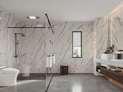 Modern Bathroom Interior With Marble Walls Glass Shower Smart Toilet And Wooden Countertop 3d model