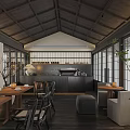 Modern Café Interior With Wooden Ceiling Large Windows Green Plants and Sofa Seating