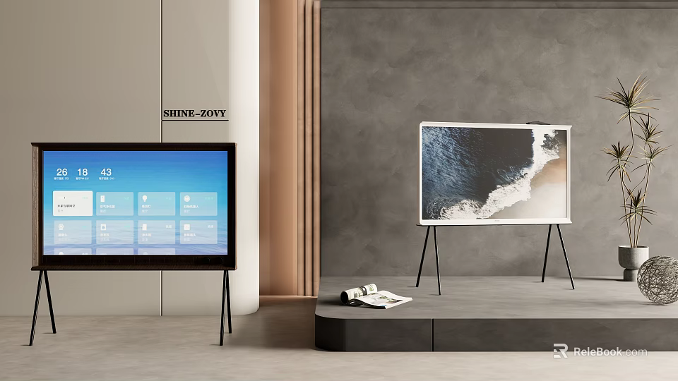 Two TVs On Stands Displaying Interface And Ocean Wave Images In Modern Interior 3d model 