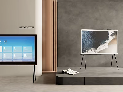 Two TVs On Stands Displaying Interface And Ocean Wave Images In Modern Interior 3d model