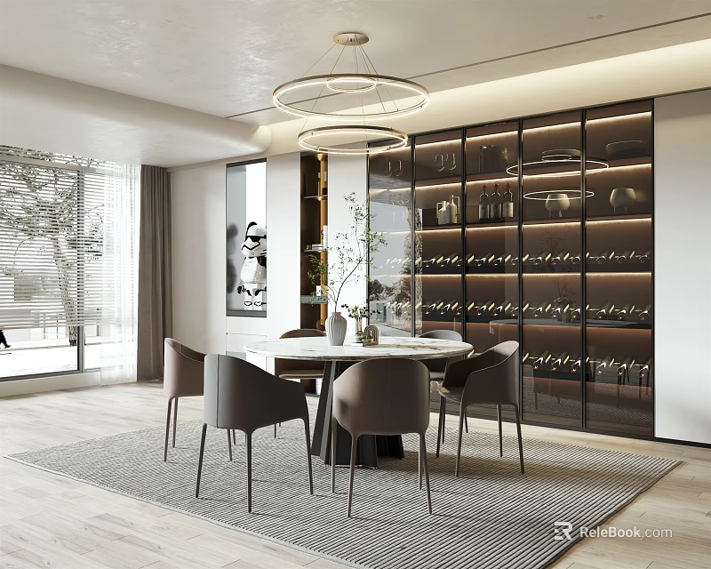 Modern Restaurant Interior With Round Dining Table Grey Chairs And Glass Wine 3d model 
