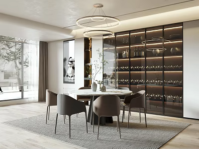 Modern Restaurant Interior With Round Dining Table Grey Chairs And Glass Wine 3d model