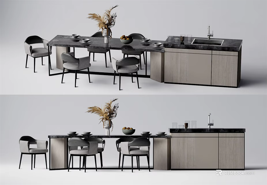 Modern Dining Table Set With Gray Chairs Stone Countertop And Decorative Plants 3d model