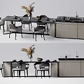 Modern Dining Table Set With Gray Chairs Stone Countertop And Decorative Plants 3d model