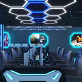 Modern Cyber Cafe Interior Featuring Blue Lighting Tech Style Walls Comfortable Sofas And Gaming Computers 3d model