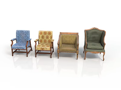 Four Different Armchairs With Various Colors Patterns And Unique Design Styles 3d model