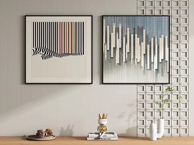 Abstract Decorative Paintings With Geometric Patterns Decorative Items And Green Plant Near Grid Wall 3d model
