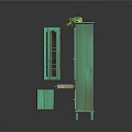 Green Glass Door Display Cabinets With Open And Closed Designs And Top Plant Decoration