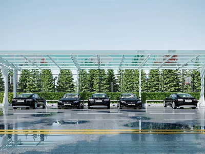 Transparent Glass Carport Covering Parking Area With Black Cars And Green Trees 3d model