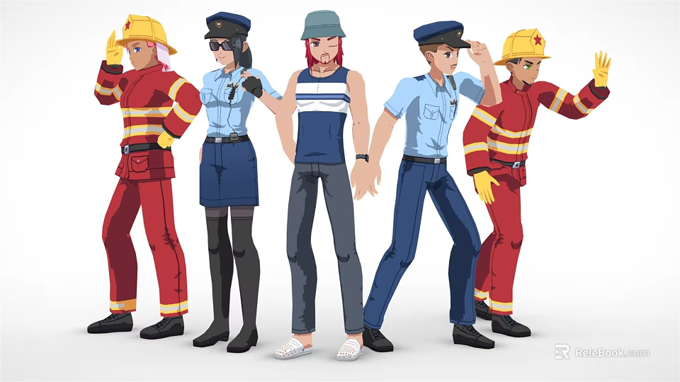 Character Designs Featuring Firefighters Police Officers And Casual Figures With Yellow Helmets Red Blue Uniforms 3d model 