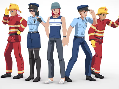 Character Designs Featuring Firefighters Police Officers And Casual Figures With Yellow Helmets Red Blue Uniforms 3d model