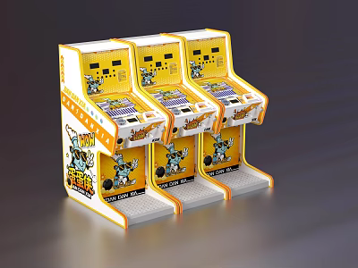 Vintage Yellow Arcade Game Machines With Three Units And Cartoon Crash Graphics 3d model