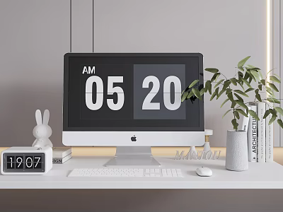 Apple iMac Desktop Setup On White Desk With Digital Time Green Plant And Rabbit Figurine 3d model