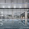 Modern Sales Office Building With Glass Curtain Wall And Pool Water Reflection Greenery