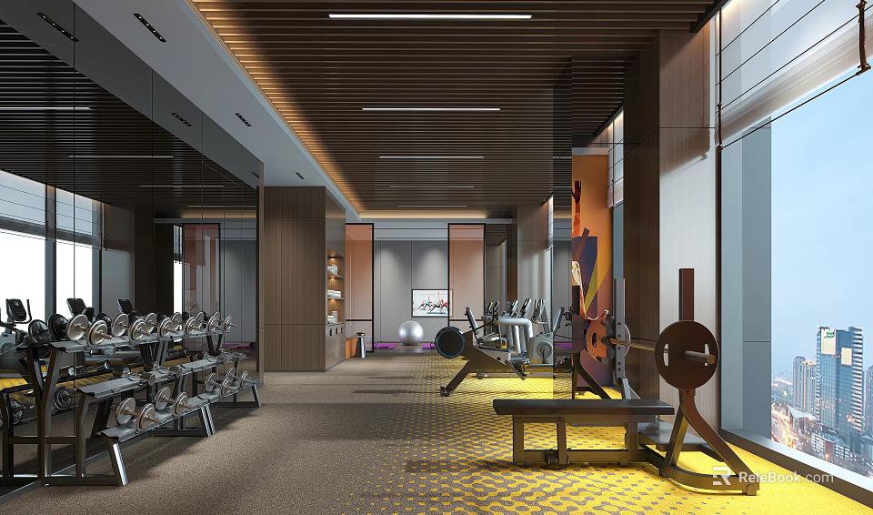 Spacious Modern Gym Interior With Various Fitness Equipment Mirrored Walls And Wooden Ceiling 3d model 