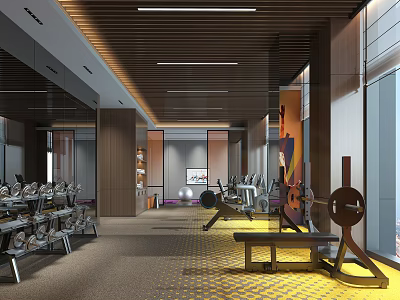 Spacious Modern Gym Interior With Various Fitness Equipment Mirrored Walls And Wooden Ceiling 3d model