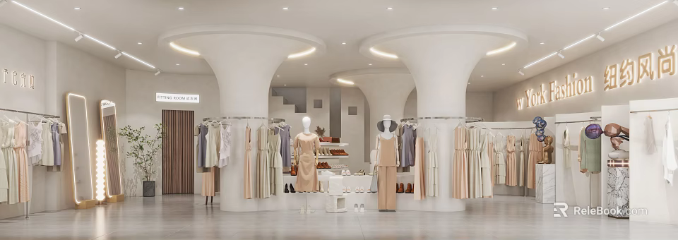 Elegant Clothing Store Interior Design With White Pillars Mannequins Hanging Clothes And Shoes 3d model 