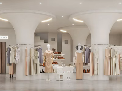 Elegant Clothing Store Interior Design With White Pillars Mannequins Hanging Clothes And Shoes 3d model