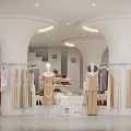 Elegant Clothing Store Interior Design With White Pillars Mannequins Hanging Clothes And Shoes