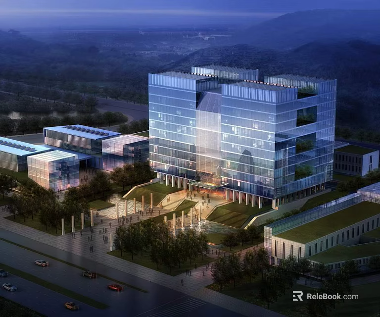 Modern Commercial Building Complex With Glass Curtain Walls And Landscaped Areas 3d model 