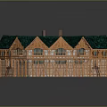 Traditional Wooden Building With Green Roof Two Chimneys And Exterior Wooden Walls