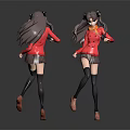 Dynamic Anime Character Figure With Red Jacket Short Skirt Black Stockings Back Front View