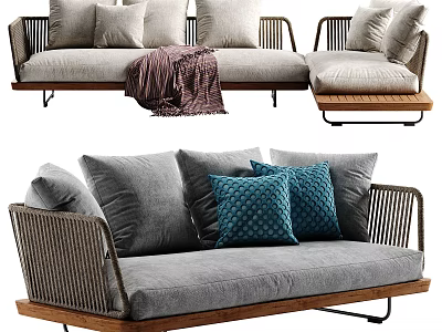 Stylish Outdoor Sofa With Gray Upholstery Blue Pillows Woven Details And Wooden Base 3d model