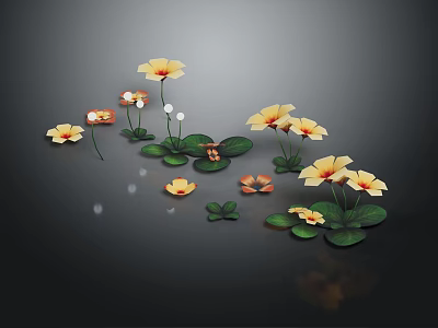 Beautiful Yellow Flowers With Green Leaves Arranged On Dark Background With Reflections 3d model