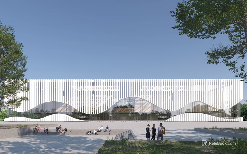 Modern White Building With Wavy Facade Design In Urban Plaza With Trees And People 3d model 