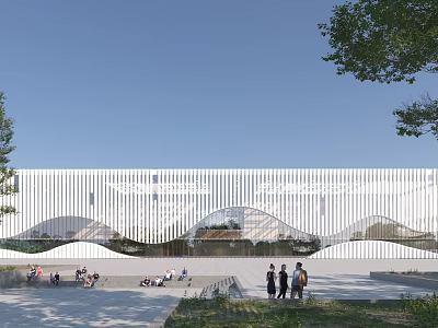 Modern White Building With Wavy Facade Design In Urban Plaza With Trees And People 3d model