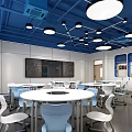 School Library Interior With Blue Ceiling White Walls Bookshelves Tables And Chairs