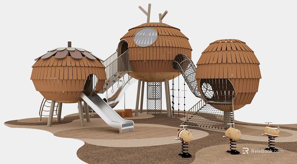 Wooden Kids Playground Treehouse Shaped Structures With Slides Climbing Nets And Spring Riders 3d model 