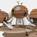Wooden Kids Playground Treehouse Shaped Structures With Slides Climbing Nets And Spring Riders