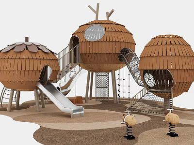Wooden Kids Playground Treehouse Shaped Structures With Slides Climbing Nets And Spring Riders 3d model