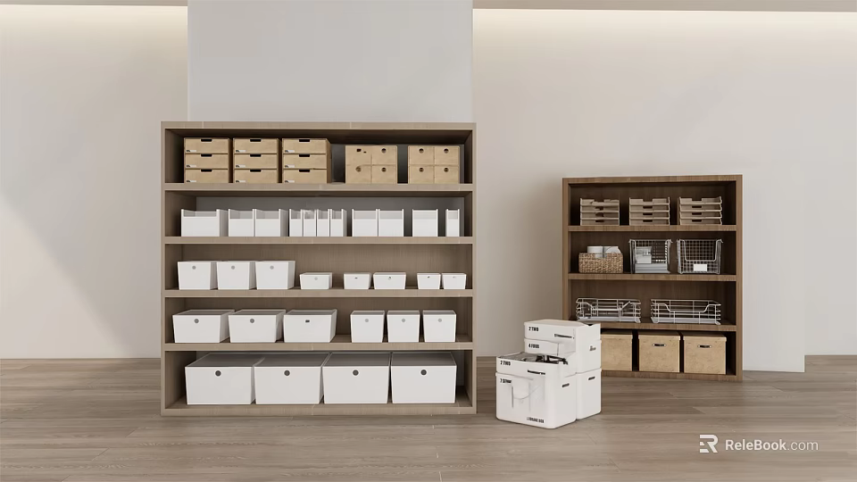 Storage Baskets In Organized Storage Space With Shelves And Bins 3d model