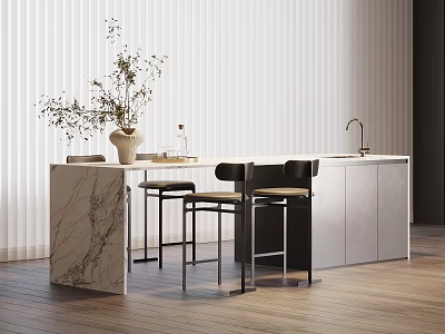 Modern Kitchen Interior With Marble Island Stools Cabinets And Plant Vase 3d model